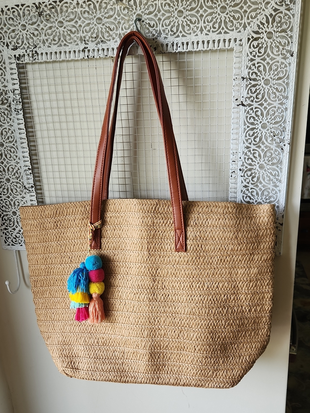 Beach Market Large Woven Natural Straw Tote Bag Zip